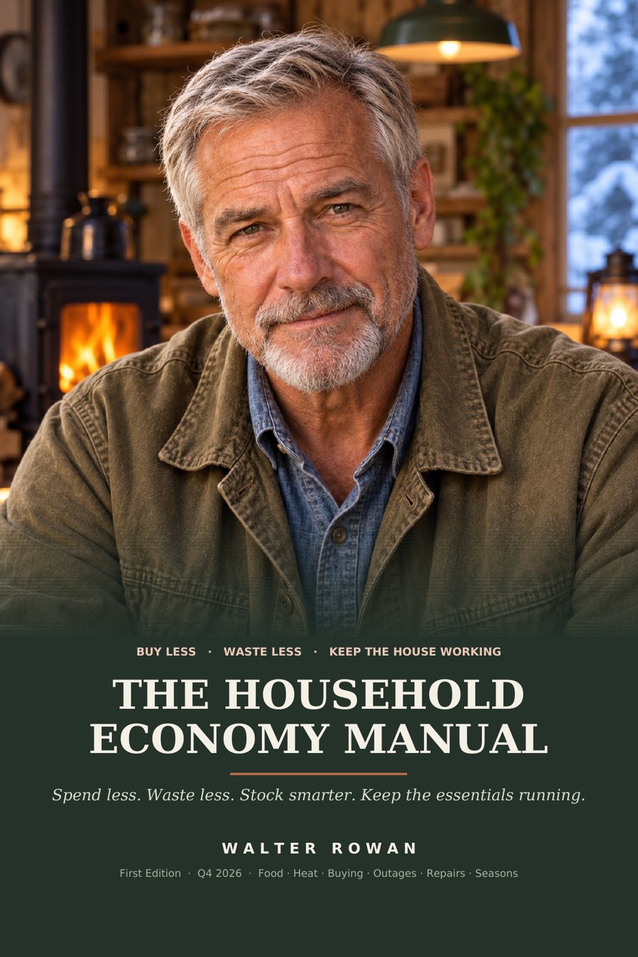 Cover of The Household Economy Manual by Walter Rowan: Walter, grey-haired in an olive jacket, sitting by a wood stove; the title on a dark green band.