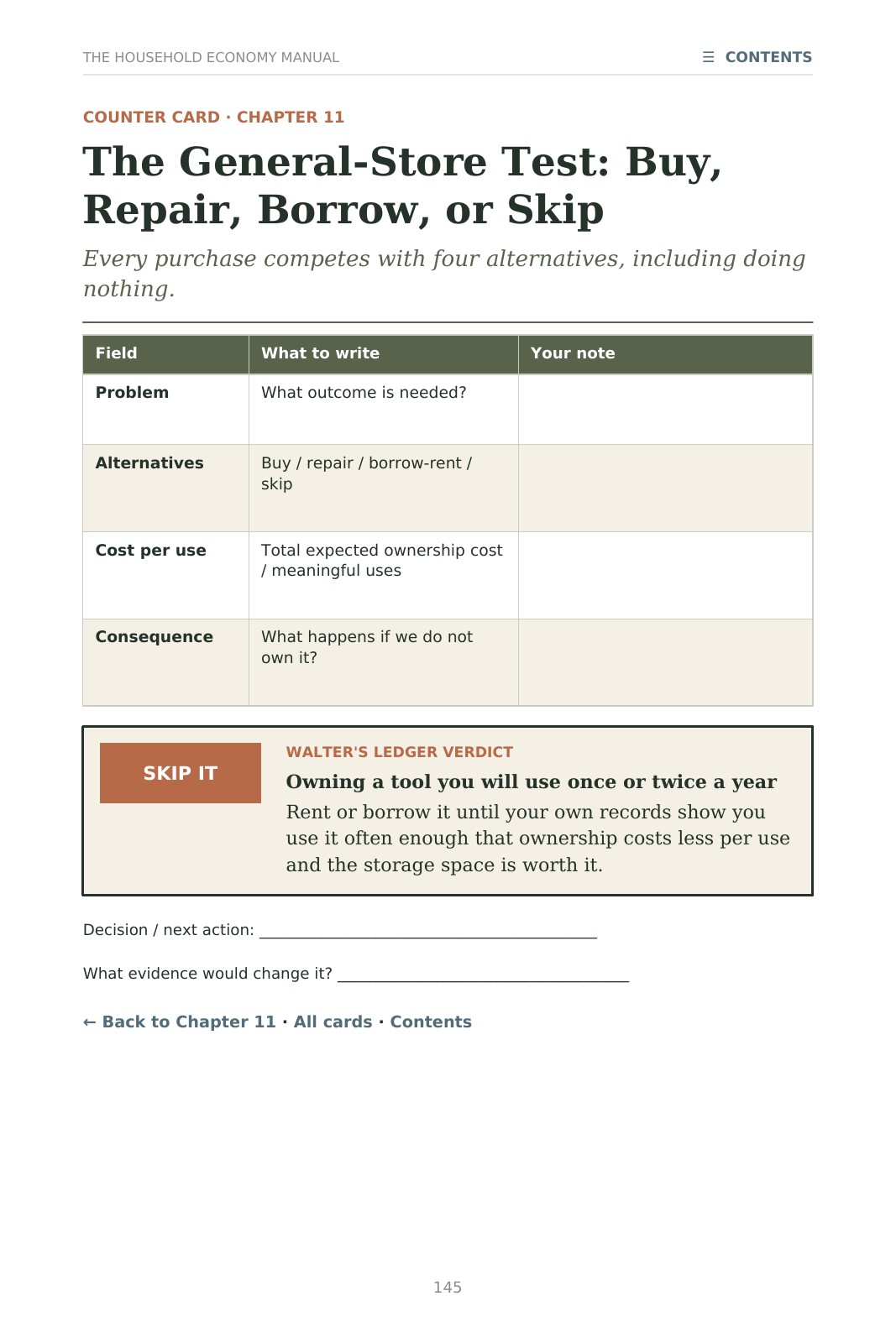 Page 145, one-page summary of Chapter 11, the General-Store Test. Fields: problem, alternatives, cost per use, consequence. The answer: skip it, for owning a tool you will use once or twice a year; rent or borrow it until your own records show ownership costs less per use.