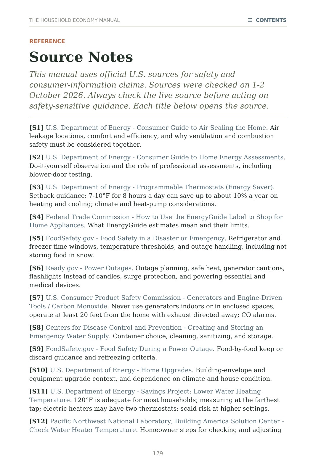 Page 179, Source Notes: official U.S. sources checked on 1 to 2 October 2026, including the Department of Energy, Federal Trade Commission, FoodSafety.gov, Ready.gov, the Consumer Product Safety Commission, the CDC and Pacific Northwest National Laboratory.